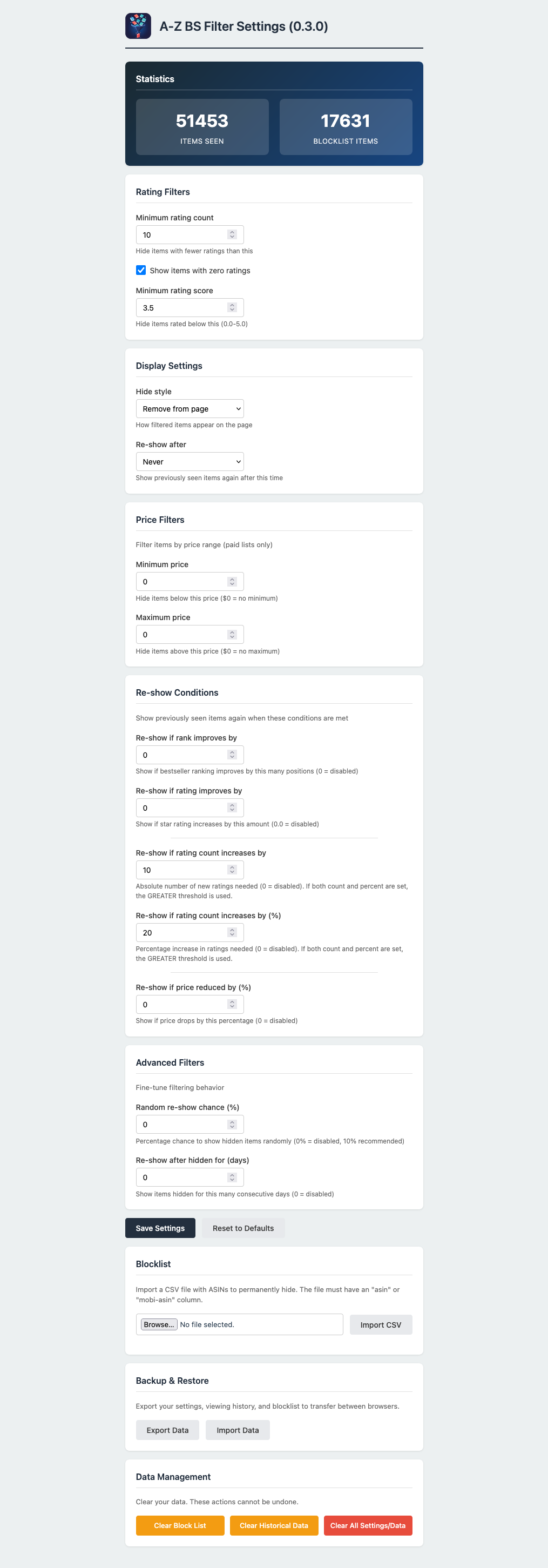 Settings page for the extension